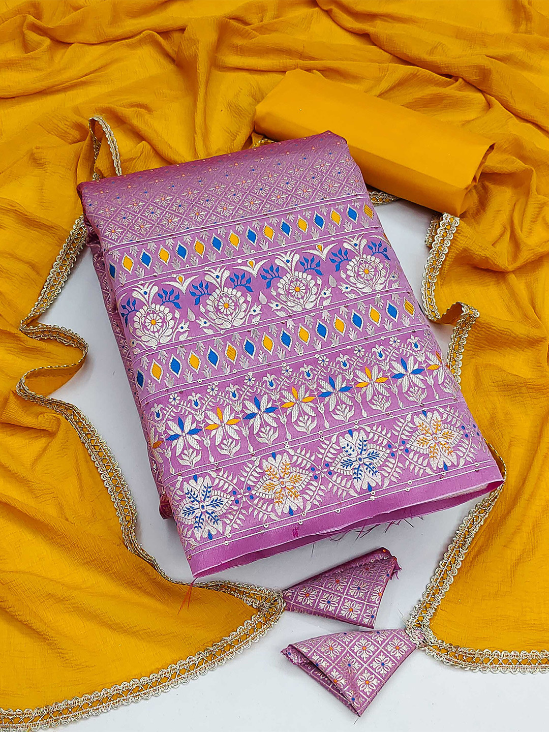 

SHADOW & SAINING Ethnic Motifs Woven Design Unstitched Dress Material, Pink