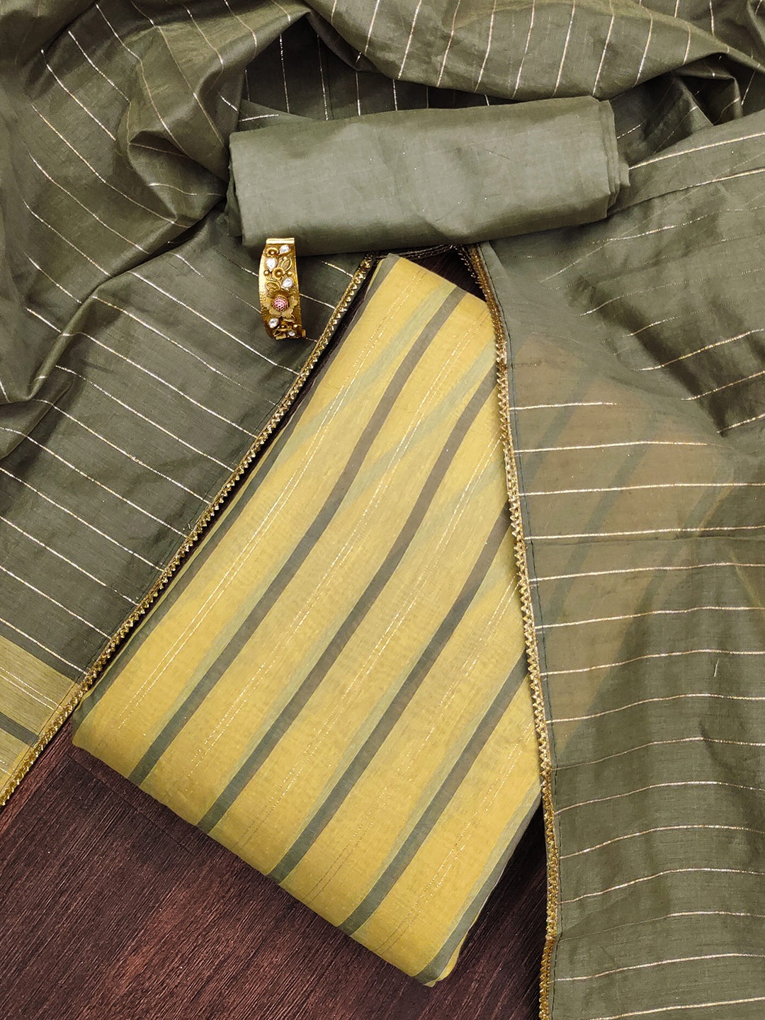 

SHADOW & SAINING Striped Woven Design Zari Unstitched Dress Material, Yellow