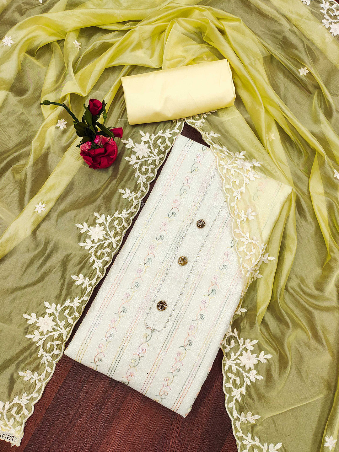 

SHADOW & SAINING Ethnic Motifs Embroidered Modal Chanderi Unstitched Dress Material, Off white