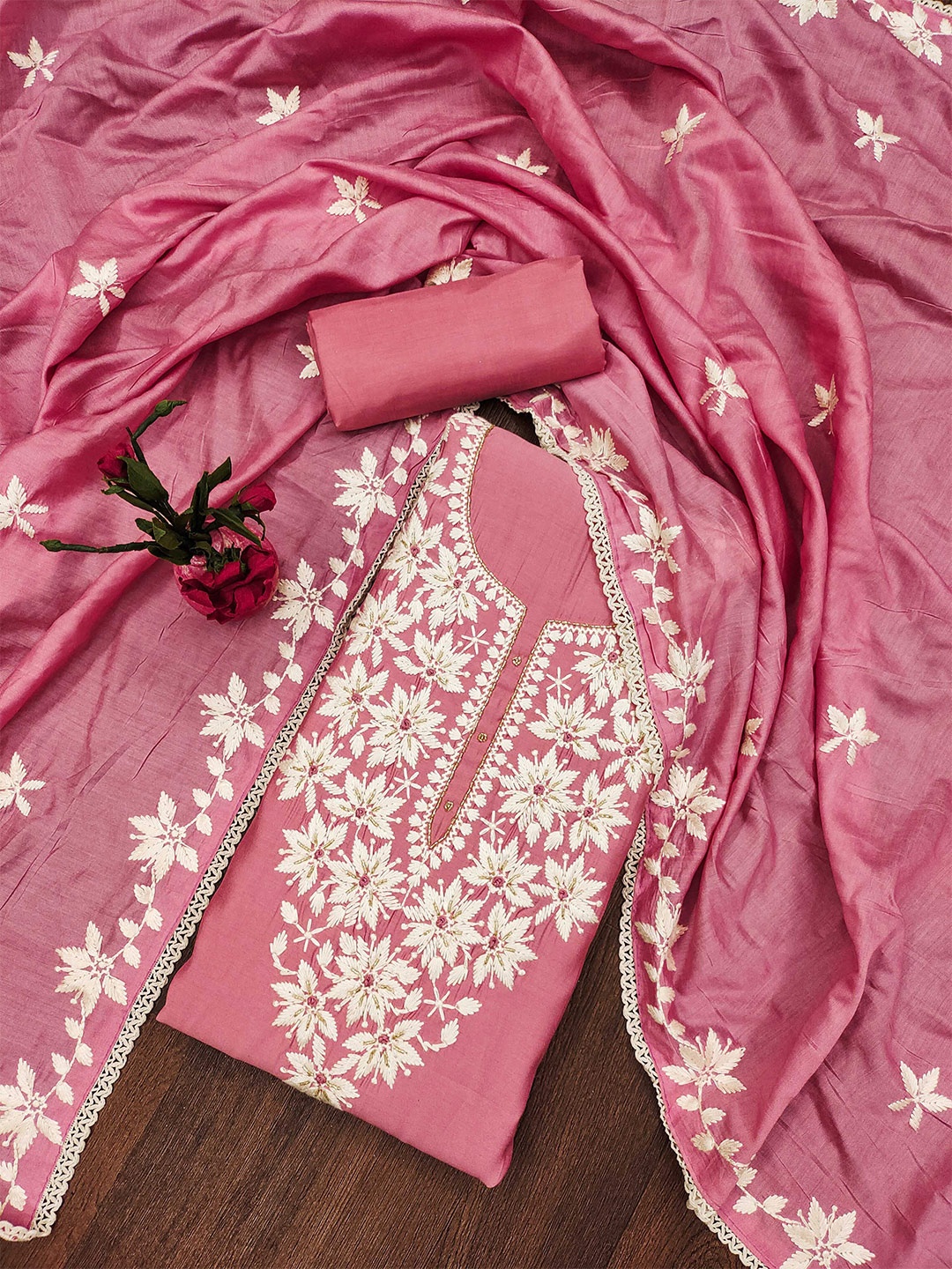 

SHADOW & SAINING Embroidered Unstitched Dress Material, Pink