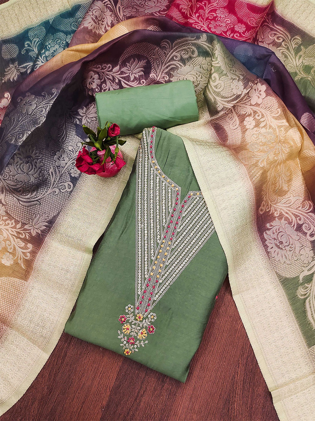 

SHADOW & SAINING Ethnic Motifs Embroidered Zari Unstitched Dress Material, Olive