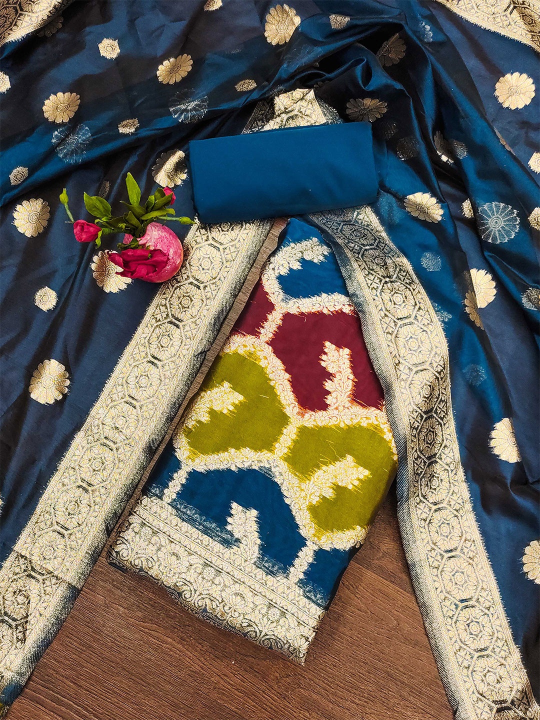 

SHADOW & SAINING Ethnic Motifs Woven Design Organza Unstitched Dress Material, Blue