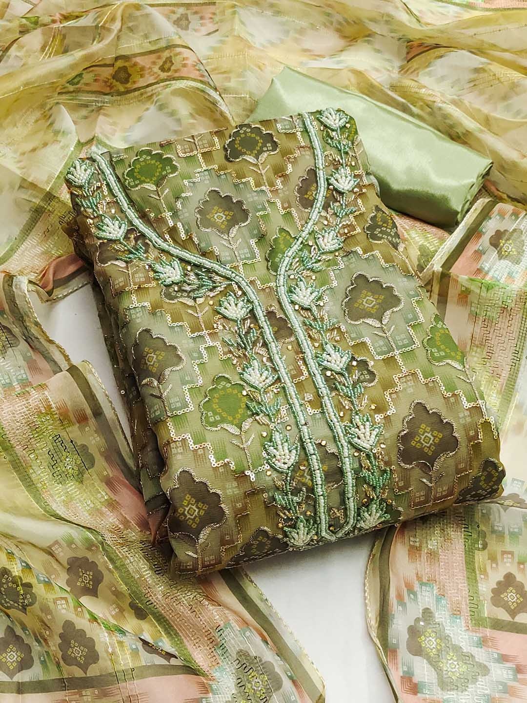 

SHADOW & SAINING Embroidered Organza Unstitched Dress Material, Sea green