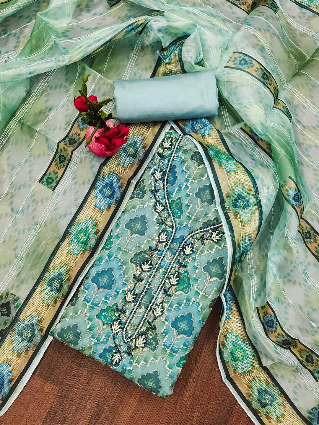 

SHADOW & SAINING Floral Embroidered Organza Unstitched Dress Material, Teal