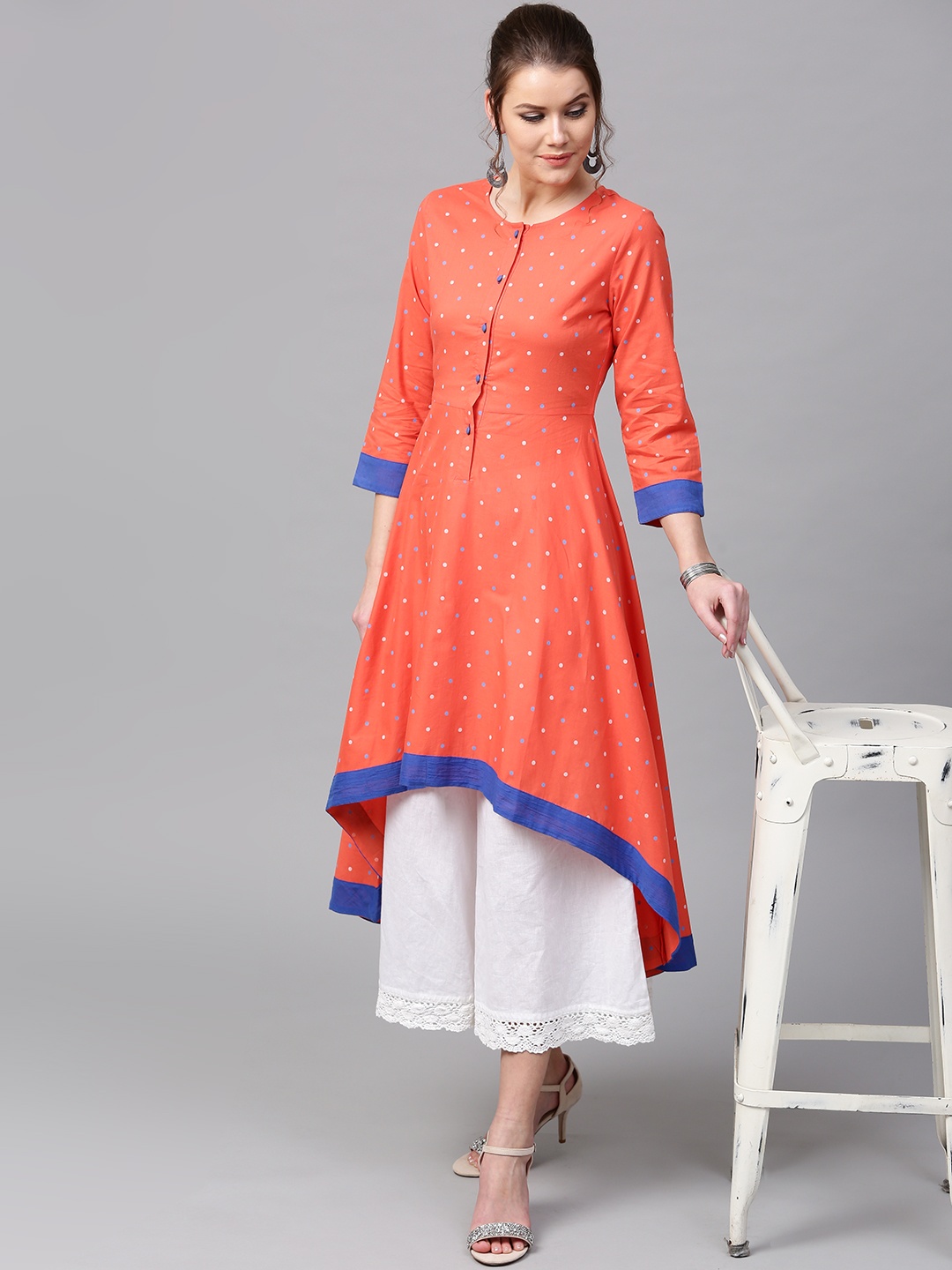 

SASSAFRAS Women Coral Pink & Blue Printed High-Low A-Line Kurta