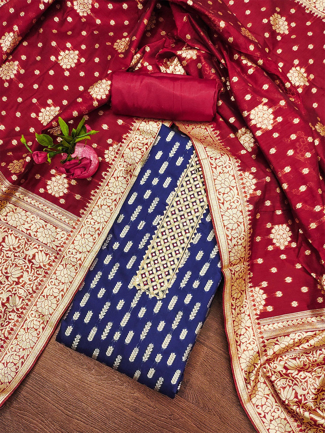 

SHADOW & SAINING Ethnic Motifs Unstitched Dress Material, Navy blue