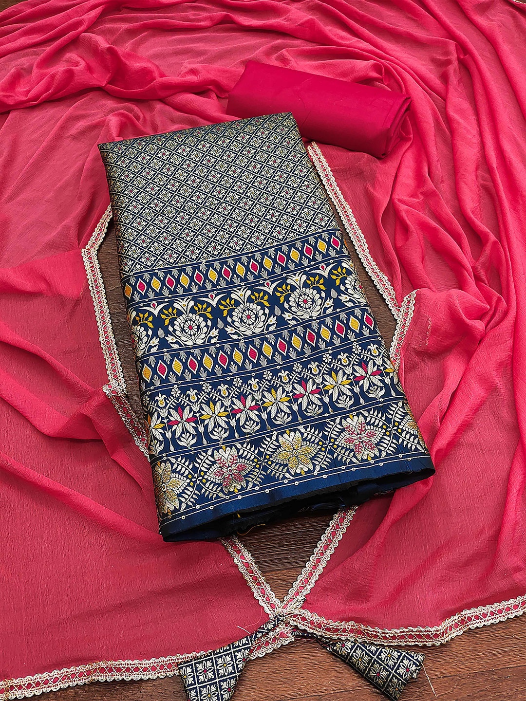 

SHADOW & SAINING Ethnic Motifs Woven Design Unstitched Dress Material, Navy blue