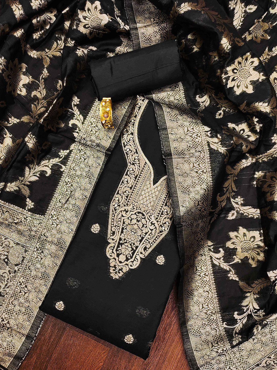 

SHADOW & SAINING Ethnic Motifs Woven Design Zari Unstitched Dress Material, Black