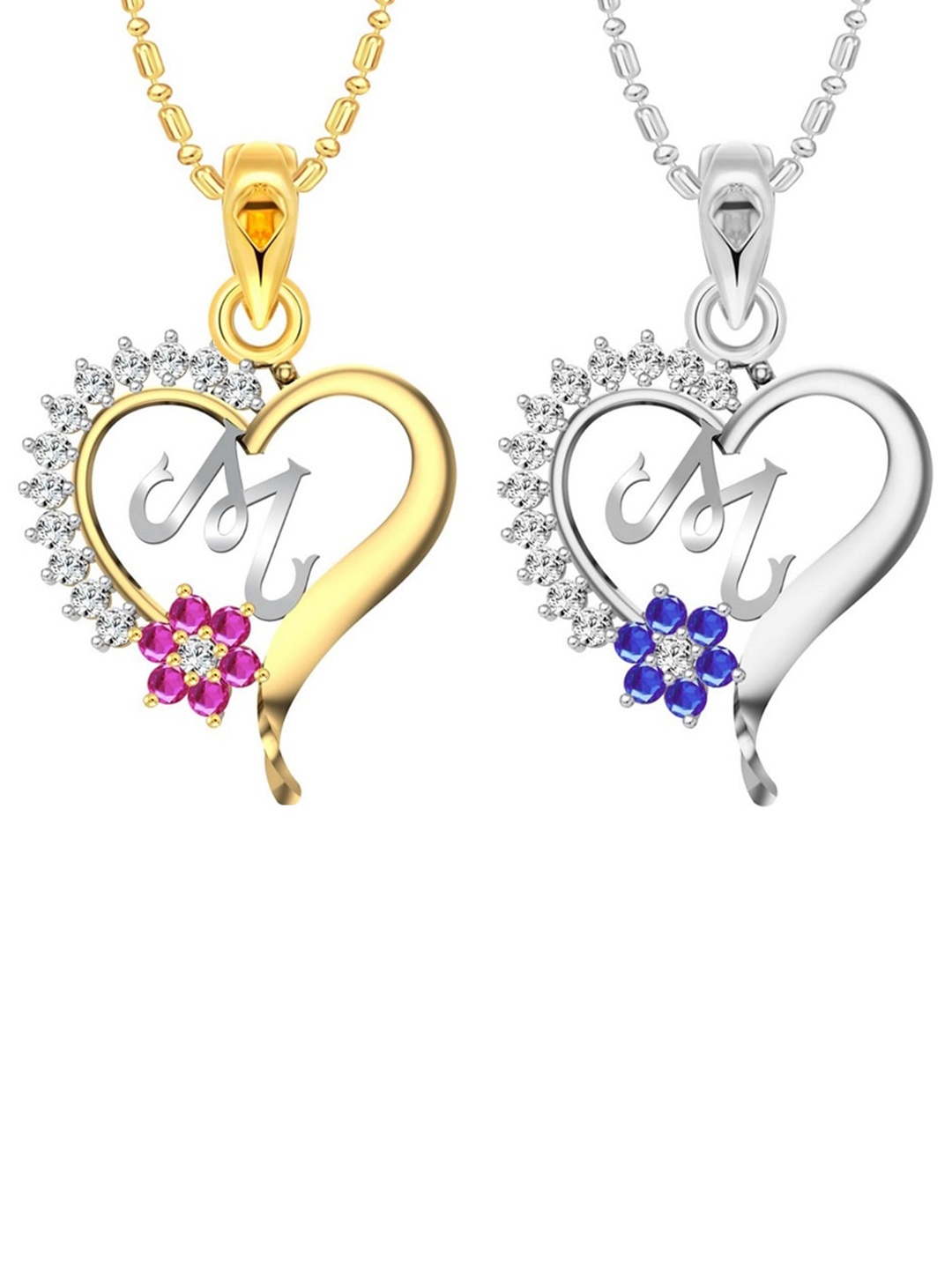 

Vighnaharta Pack Of 2 CZ Studded Heart Shaped Pendants with Chains, Gold