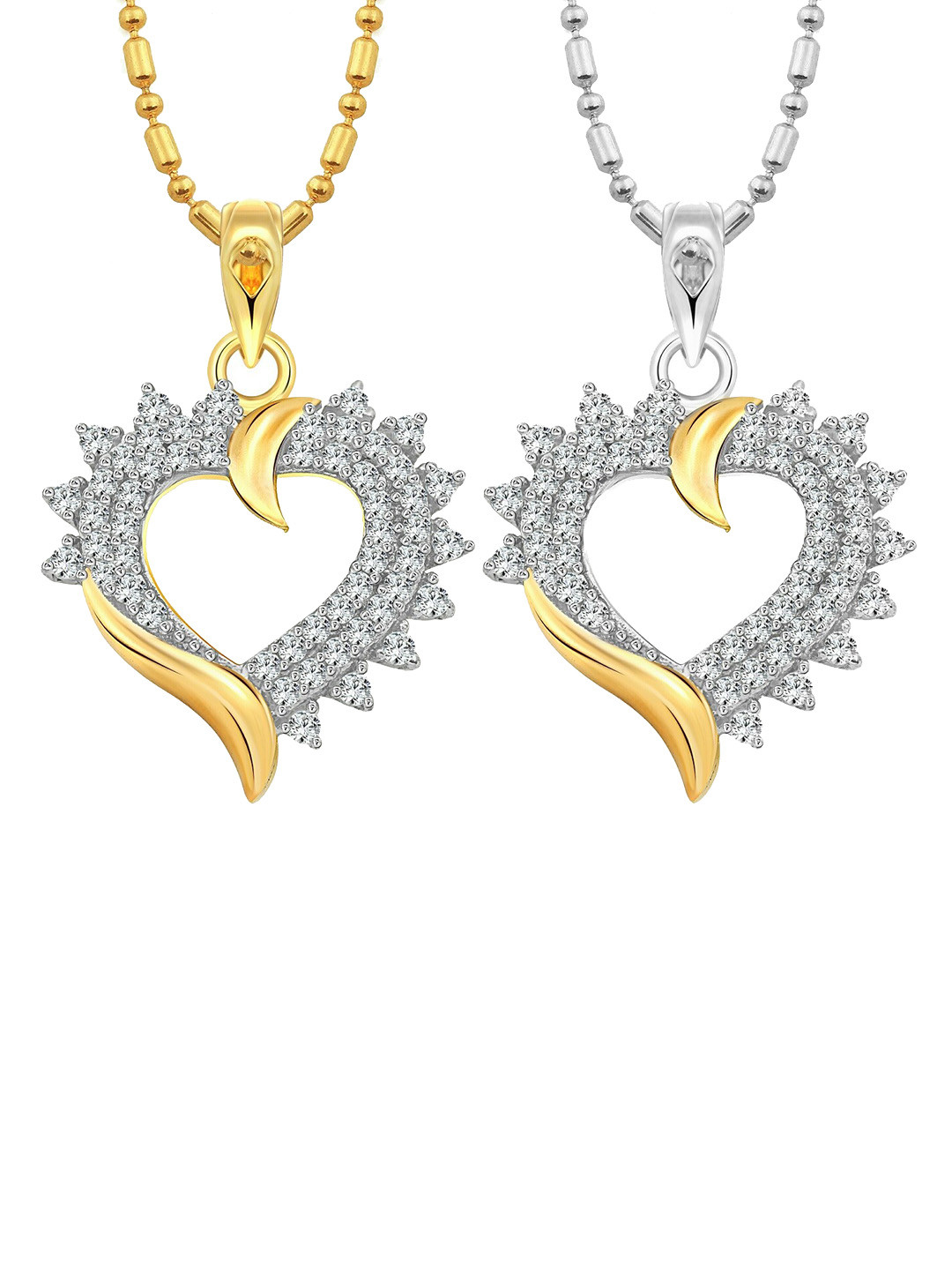 

Vighnaharta Pack Of 2 CZ Studded Heart Shaped Pendants with Chains, Gold