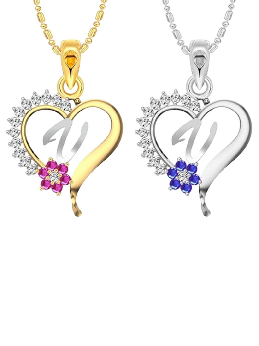 

Vighnaharta Cubic Zirconia Stone Studded Heart Shaped Pendants With Chains, Gold