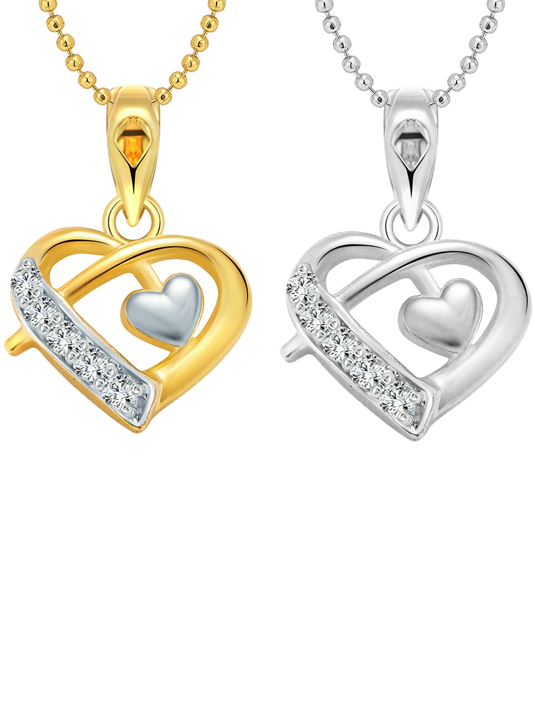 

Vighnaharta Set Of 2 CZ-Stone Studded Heart Shaped Pendants With Chains, Gold