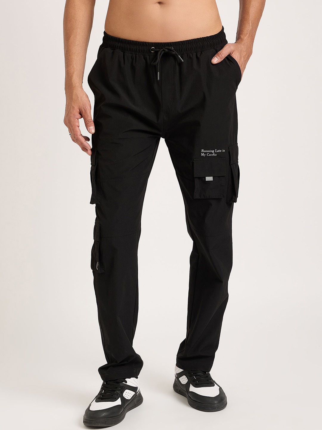 

EDRIO Men Pure Cotton Mid Rise Cargo Track Pants, Black