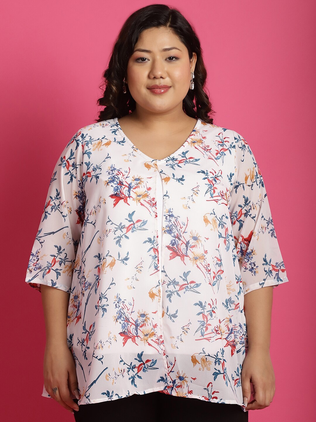 

theRebelinme Plus Size Floral Print V-Neck Layered Georgette Top, White