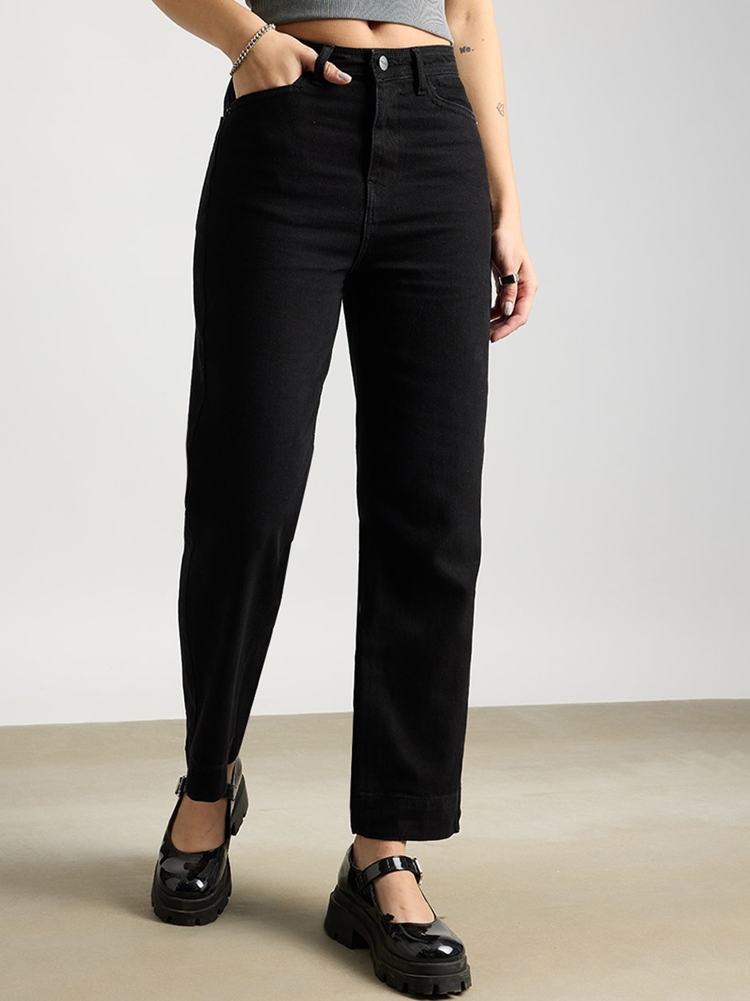 

FREAKINS Women Straight Fit High-Rise Jeans, Black