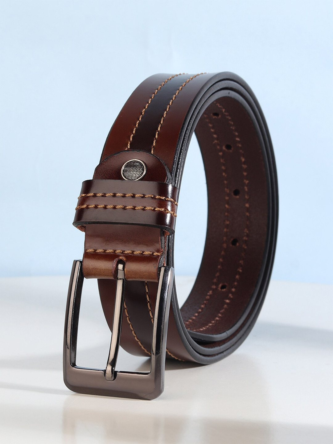 

HENEDA Men Striped Leather Belt, Brown