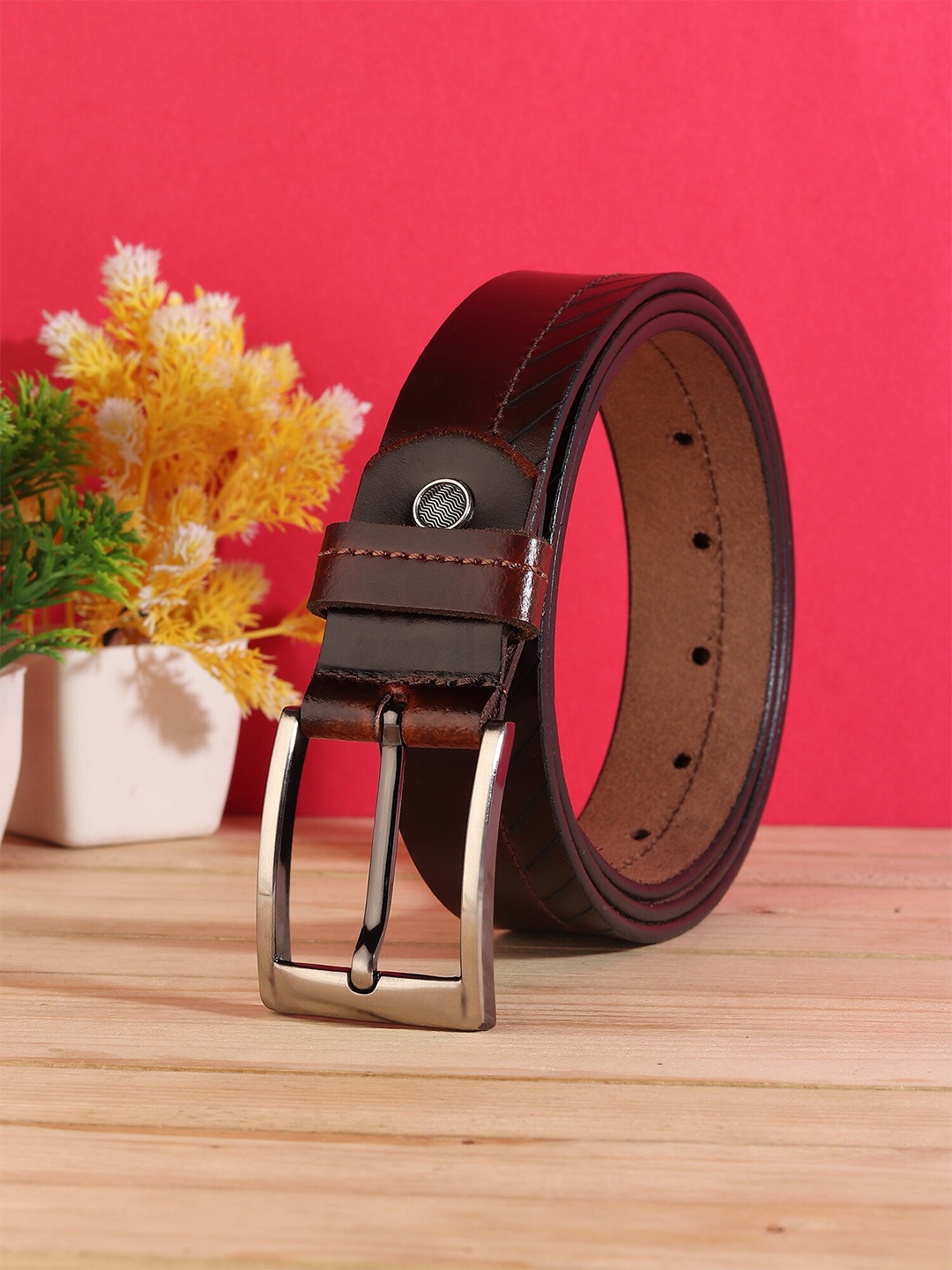 

HENEDA Men Textured Leather Belt, Brown