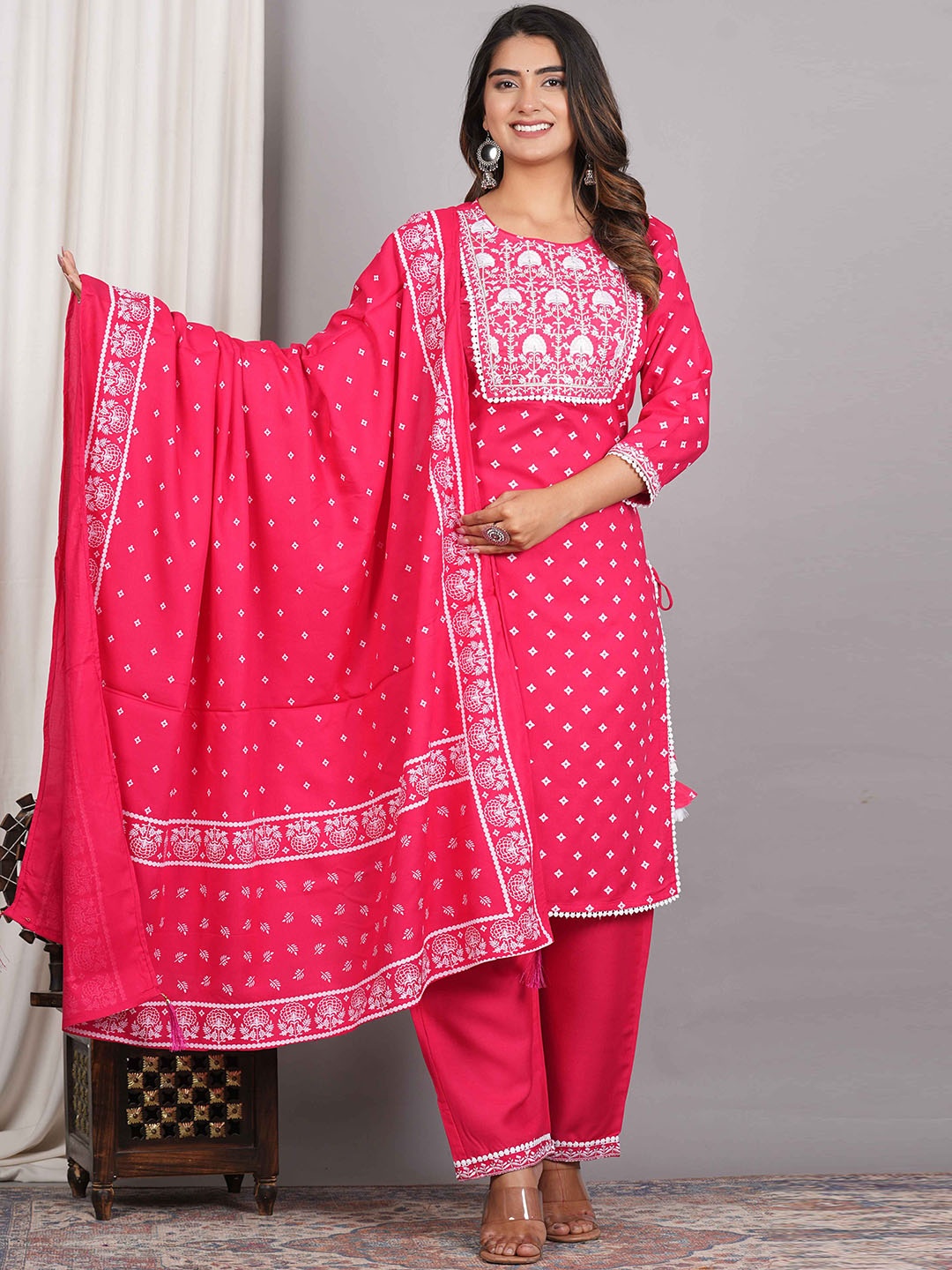 

KALINI Ethnic Motifs Printed Regular Kurta with Trousers & With Dupatta, Pink