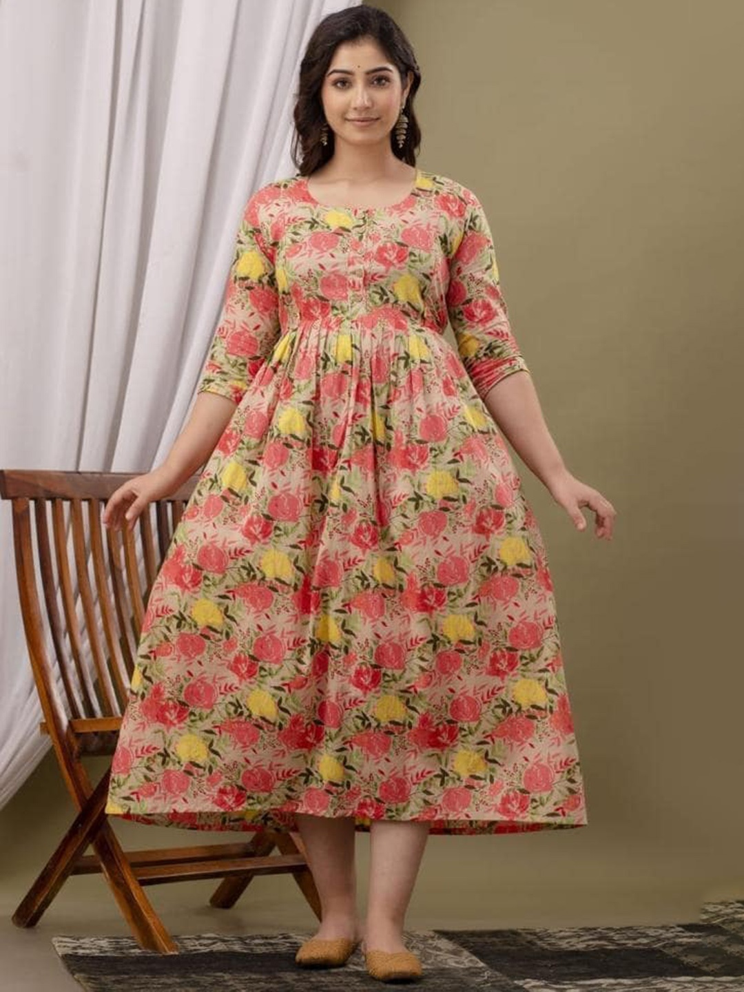 

Mialo fashion Floral Printed Round Neck Maternity A-Line Kurta, Orange