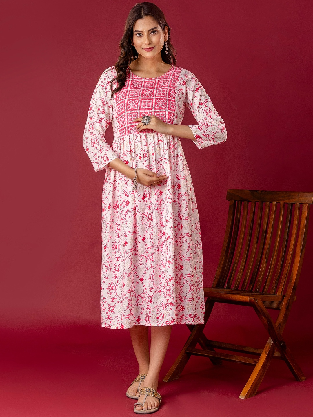 

Mialo fashion Floral Printed Round Neck A-Line Maternity Ethnic Dresses, Pink