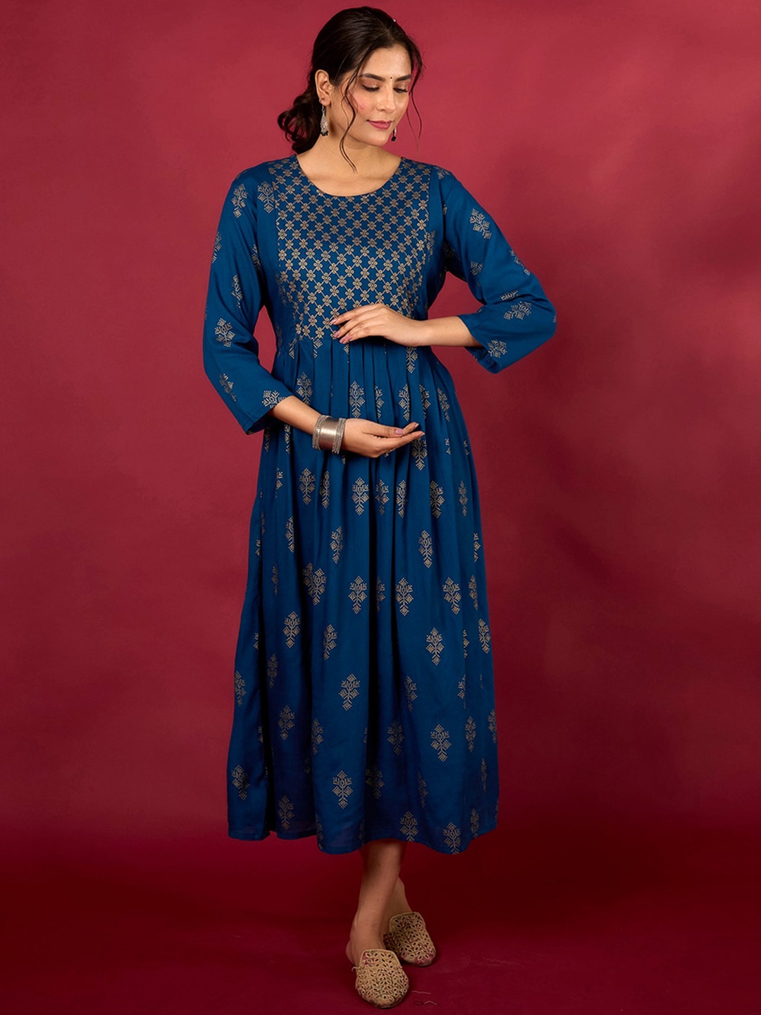 

Mialo fashion Ethnic Motifs Printed Flared Sleeves Thread Work Block Print Maternity Kurta, Turquoise blue