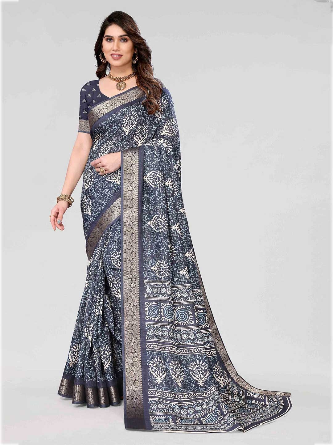 

HALFSAREE STUDIO Floral Printed Zari Saree, Blue