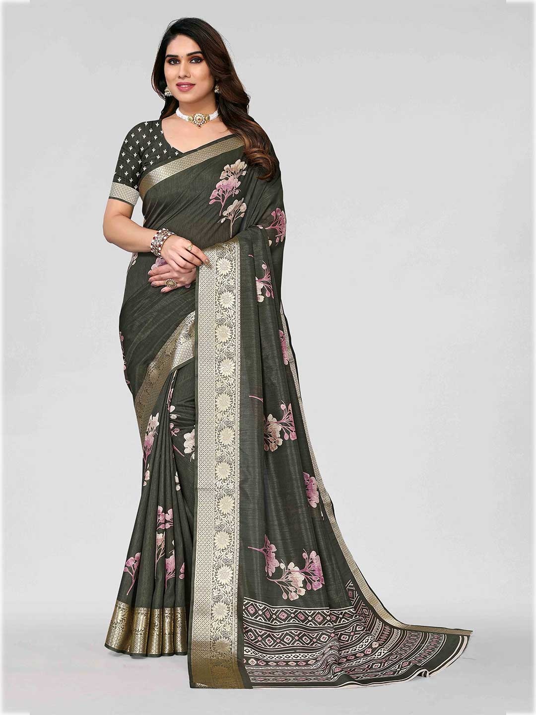 

HALFSAREE STUDIO Floral Printed Zari Saree, Green