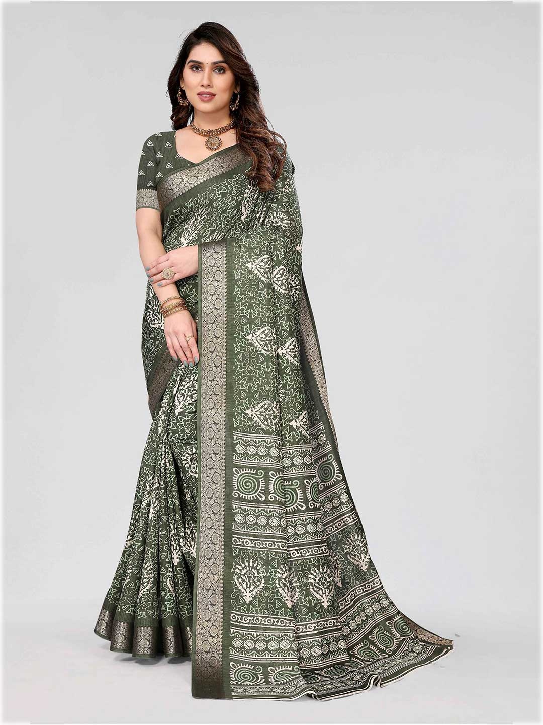 

HALFSAREE STUDIO Floral Zari Art Silk Saree, Green