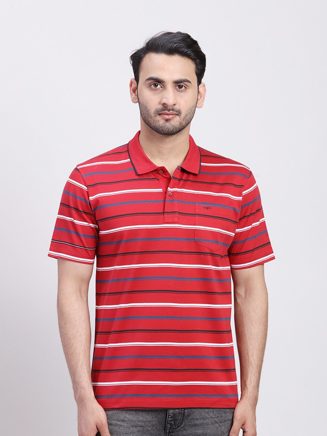 

ColorPlus Striped Polo Collar Short Sleeves T-shirt, Red