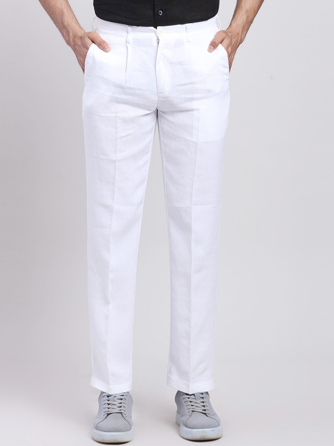ColorPlus Men Regular Fit Mid-Rise Linen Regular Trousers, White