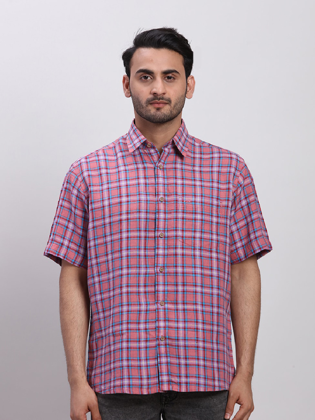 

ColorPlus Checked Linen Spread Collar Short Sleeves Opaque Casual Shirt, Red