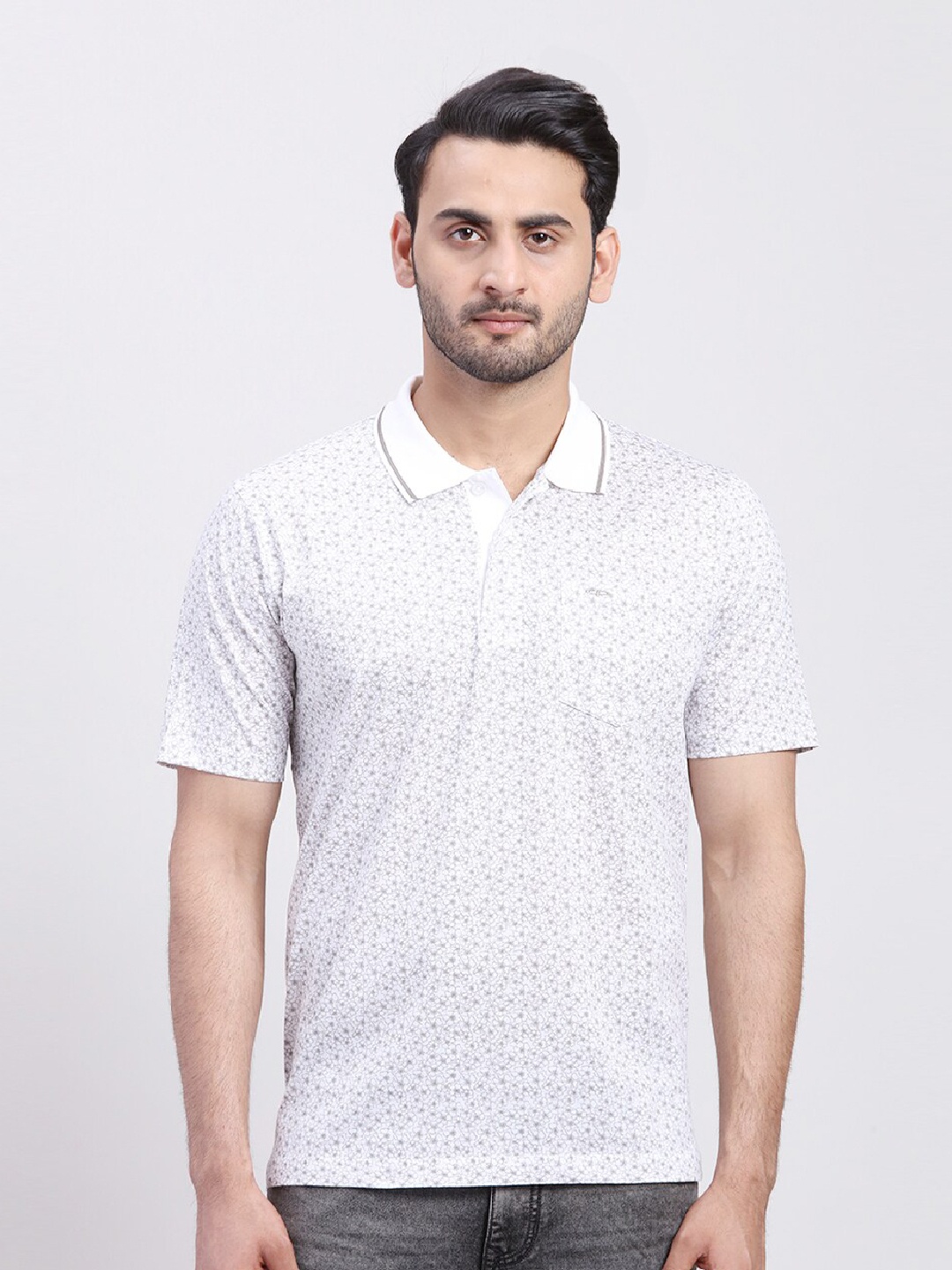 

ColorPlus Floral Printed Polo Collar Short Sleeves Cotton T-shirt, White
