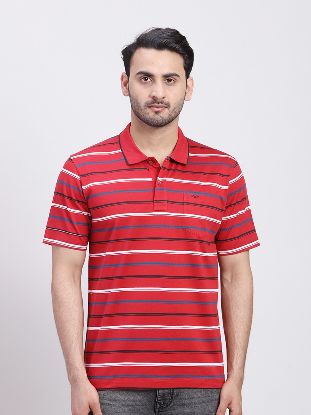 

ColorPlus Striped Short Sleeves Polo Collar T-shirt, Red