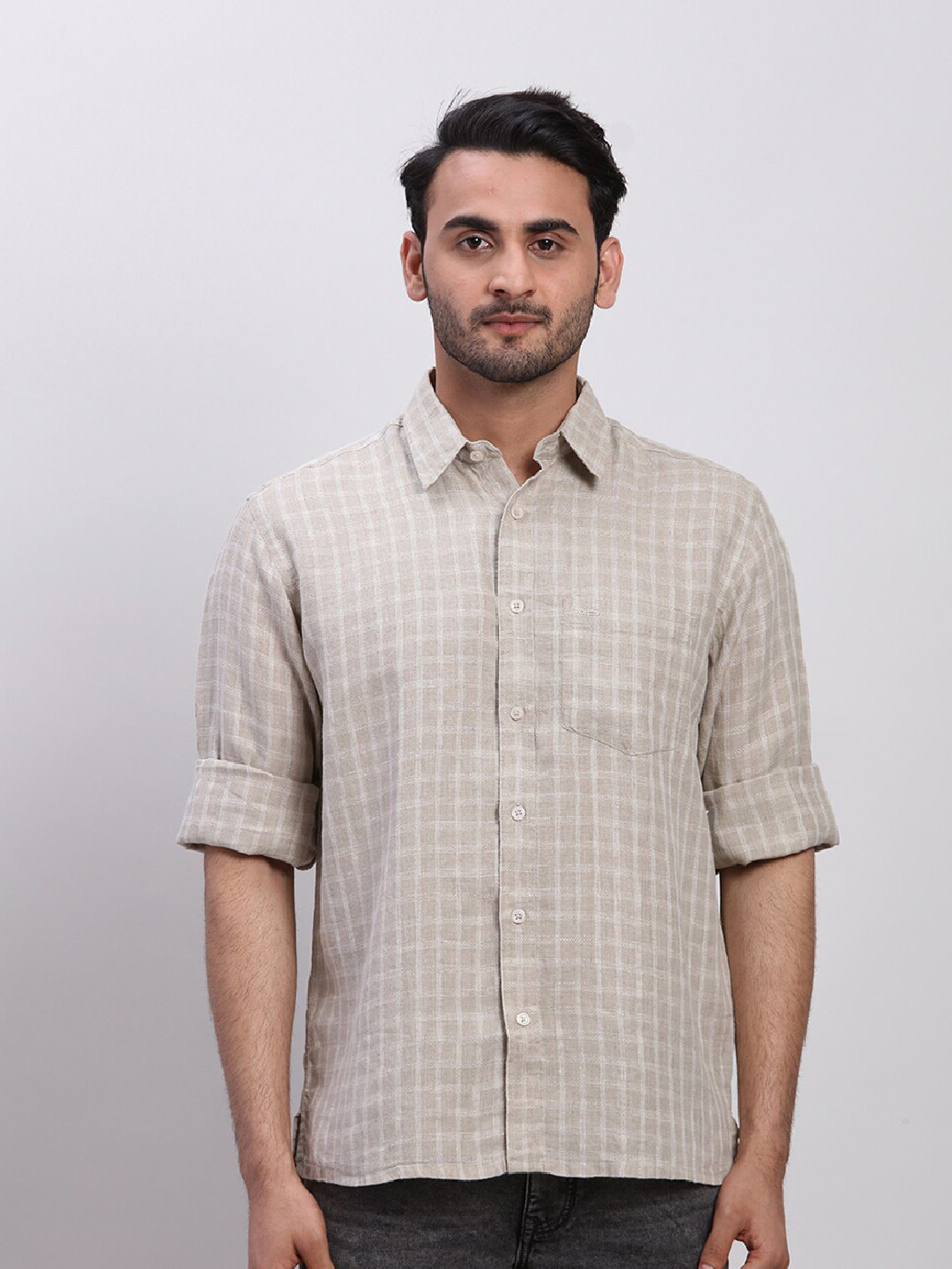 

ColorPlus Checked Linen Spread Collar Long Sleeves Opaque Casual Shirt, Beige
