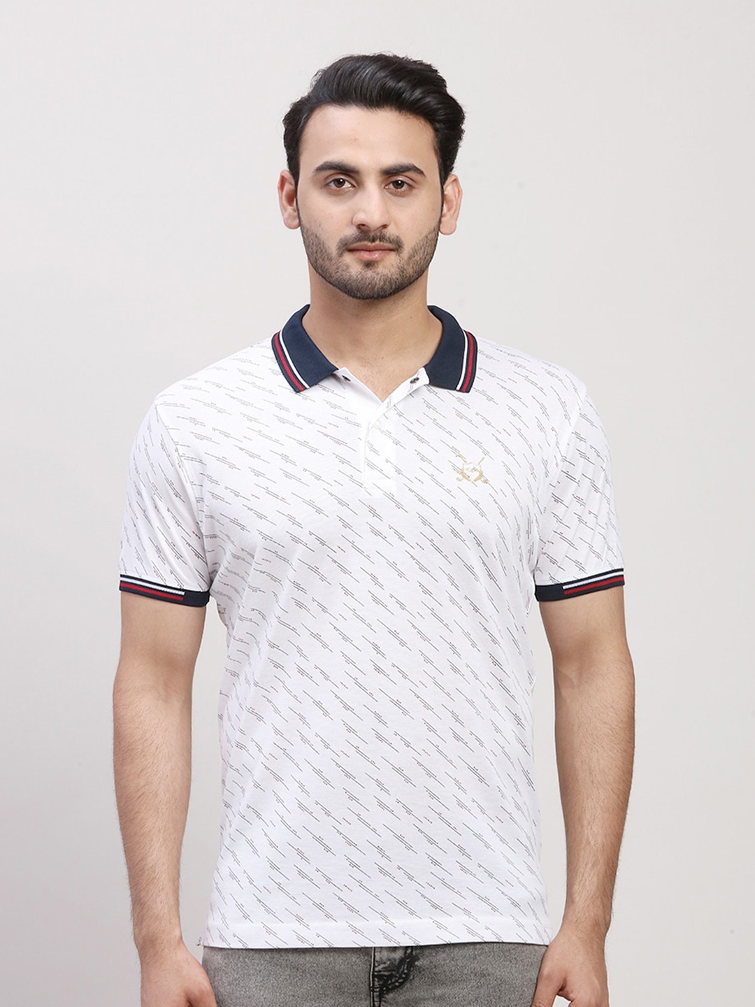 

ColorPlus Striped Printed Polo Collar Short Sleeves Cotton T-shirt, White