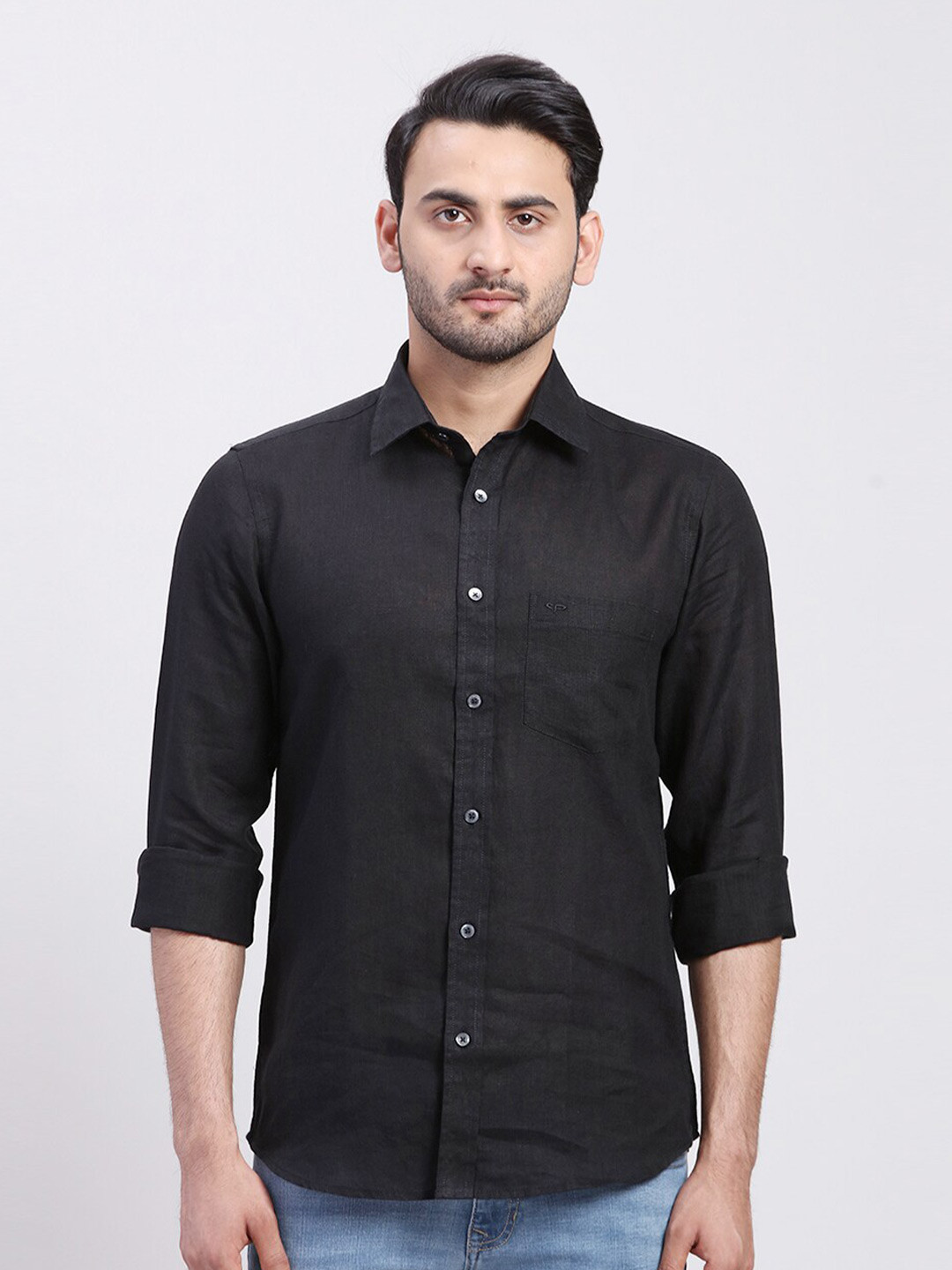 

ColorPlus Linen Spread Collar Long Sleeves Opaque Casual Shirt, Black
