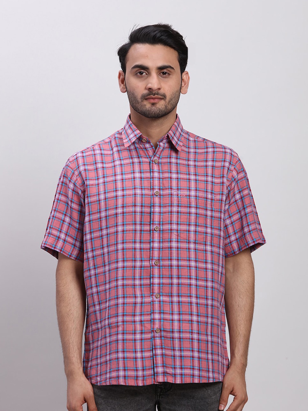 

ColorPlus Checked Linen Spread Collar Short Sleeves Opaque Casual Shirt, Red