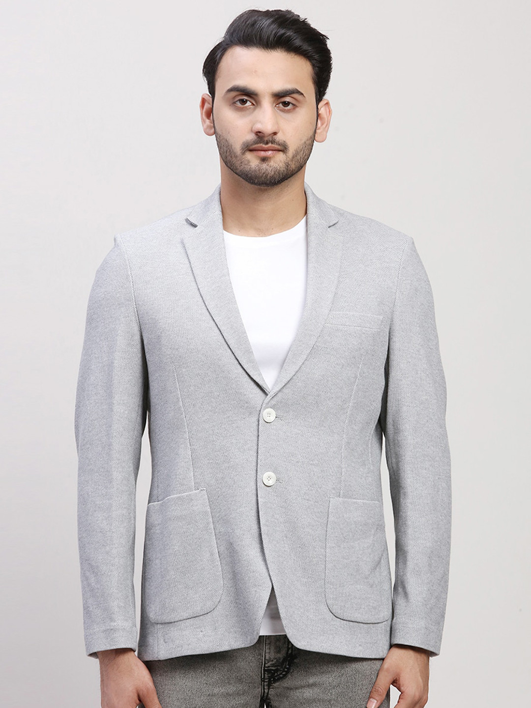 

ColorPlus Self Design Notched Lapel Collar Single-Breasted Blazer, Grey
