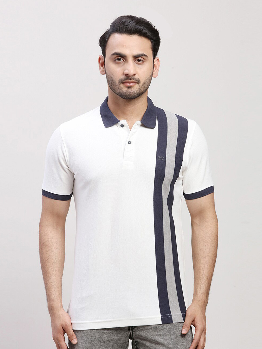 

ColorPlus Striped Polo Collar Short Sleeves Cotton T-shirt, White