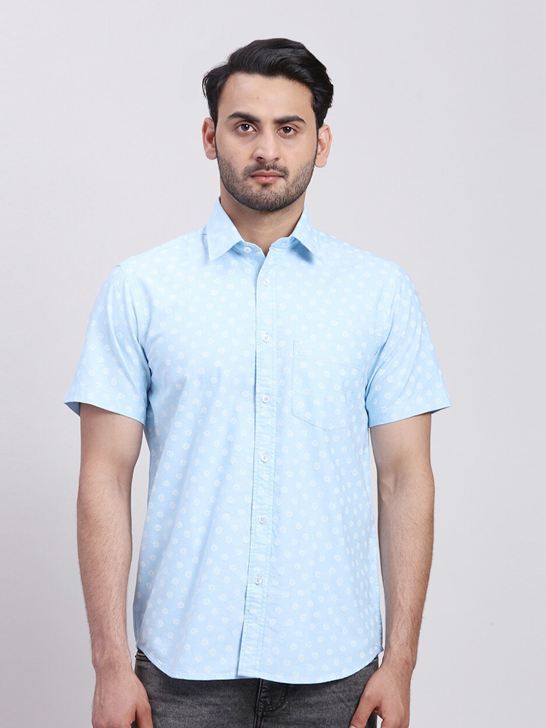 

ColorPlus Floral Printed Cotton Spread Collar Short Sleeves Opaque Casual Shirt, Blue