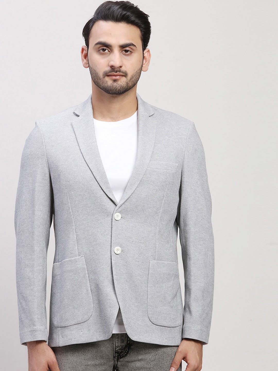 

ColorPlus Self Design Notched Lapel Collar Single-Breasted Blazer, Grey