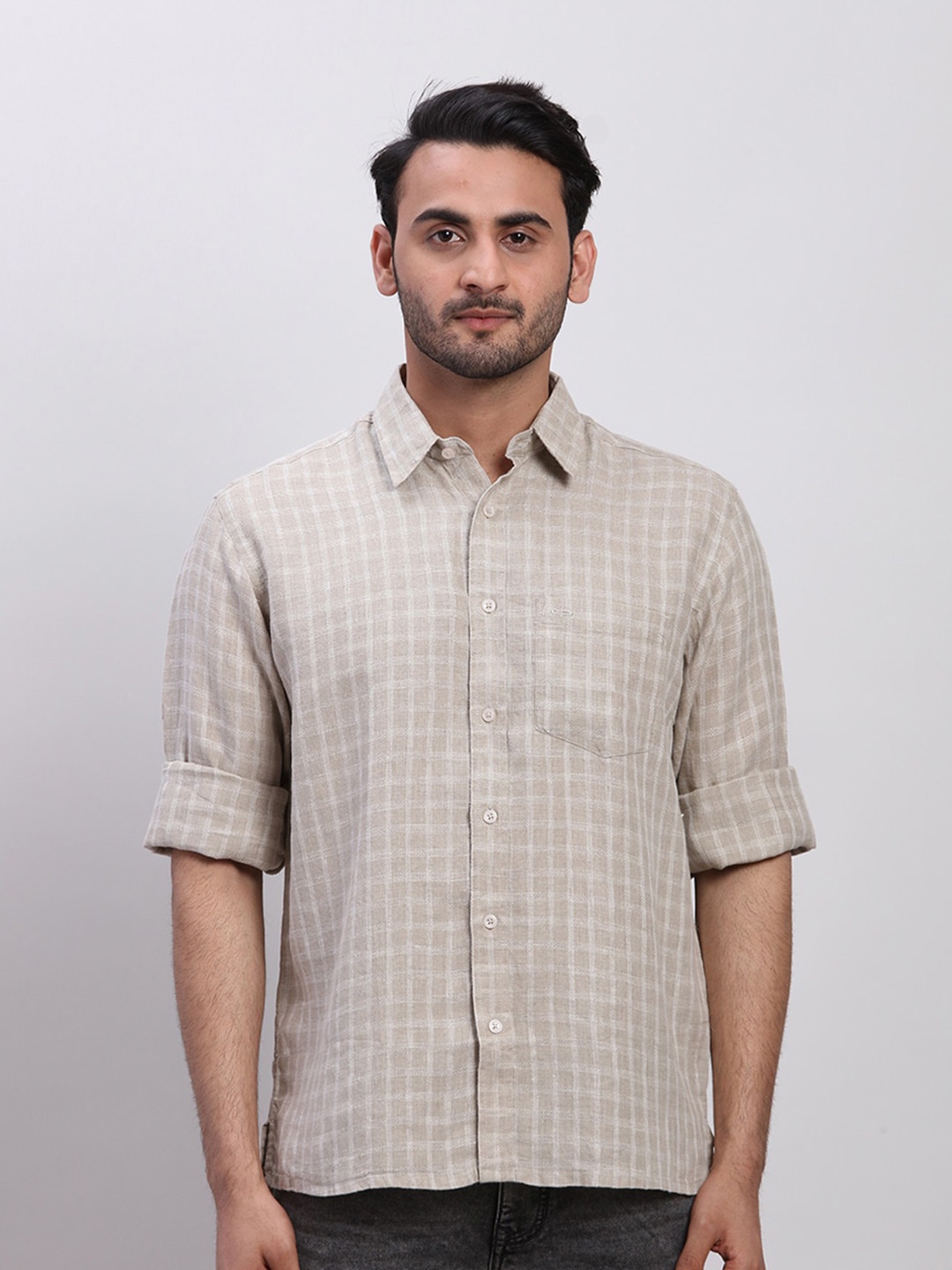 

ColorPlus Checked Linen Spread Collar Long Sleeves Opaque Casual Shirt, Beige