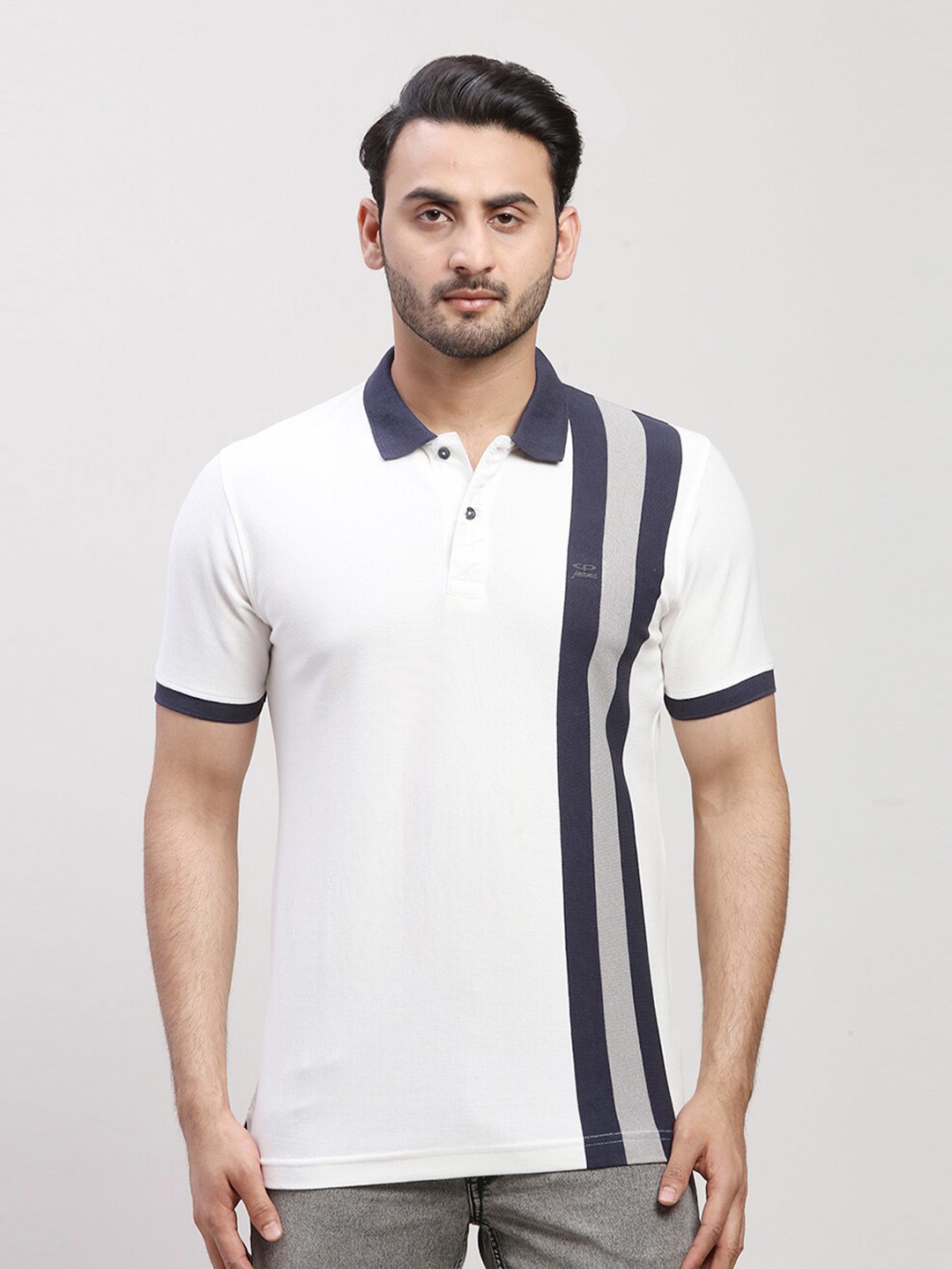 

ColorPlus Striped Polo Collar Short Sleeves Cotton T-shirt, White