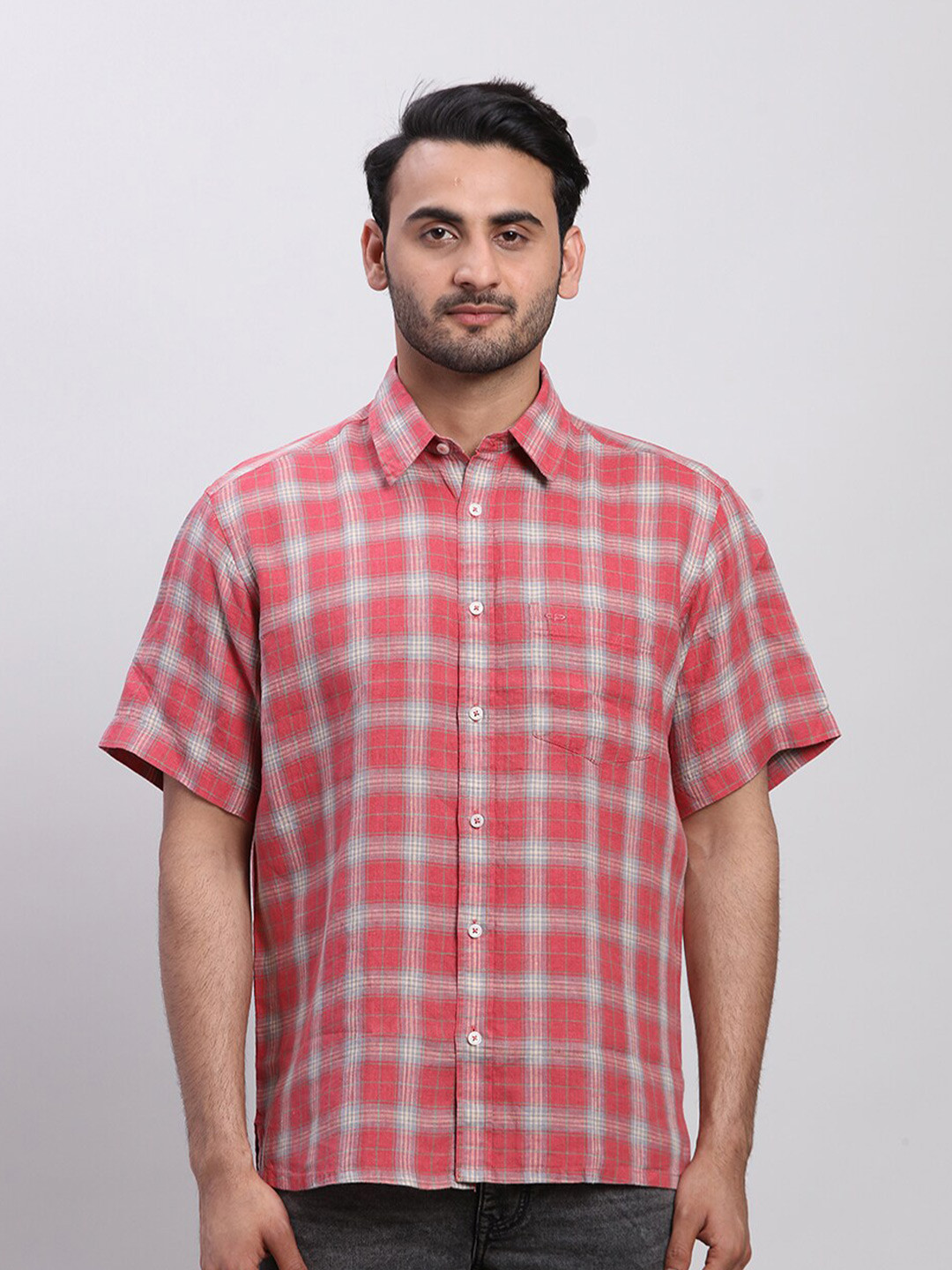 

ColorPlus Checked Linen Spread Collar Short Sleeves Opaque Casual Shirt, Red