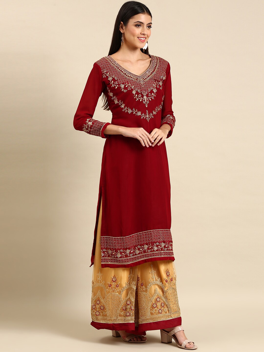 

KALINI Women Ethnic Motifs Embroidered Regular Kurta With Sharara & Dupatta, Maroon