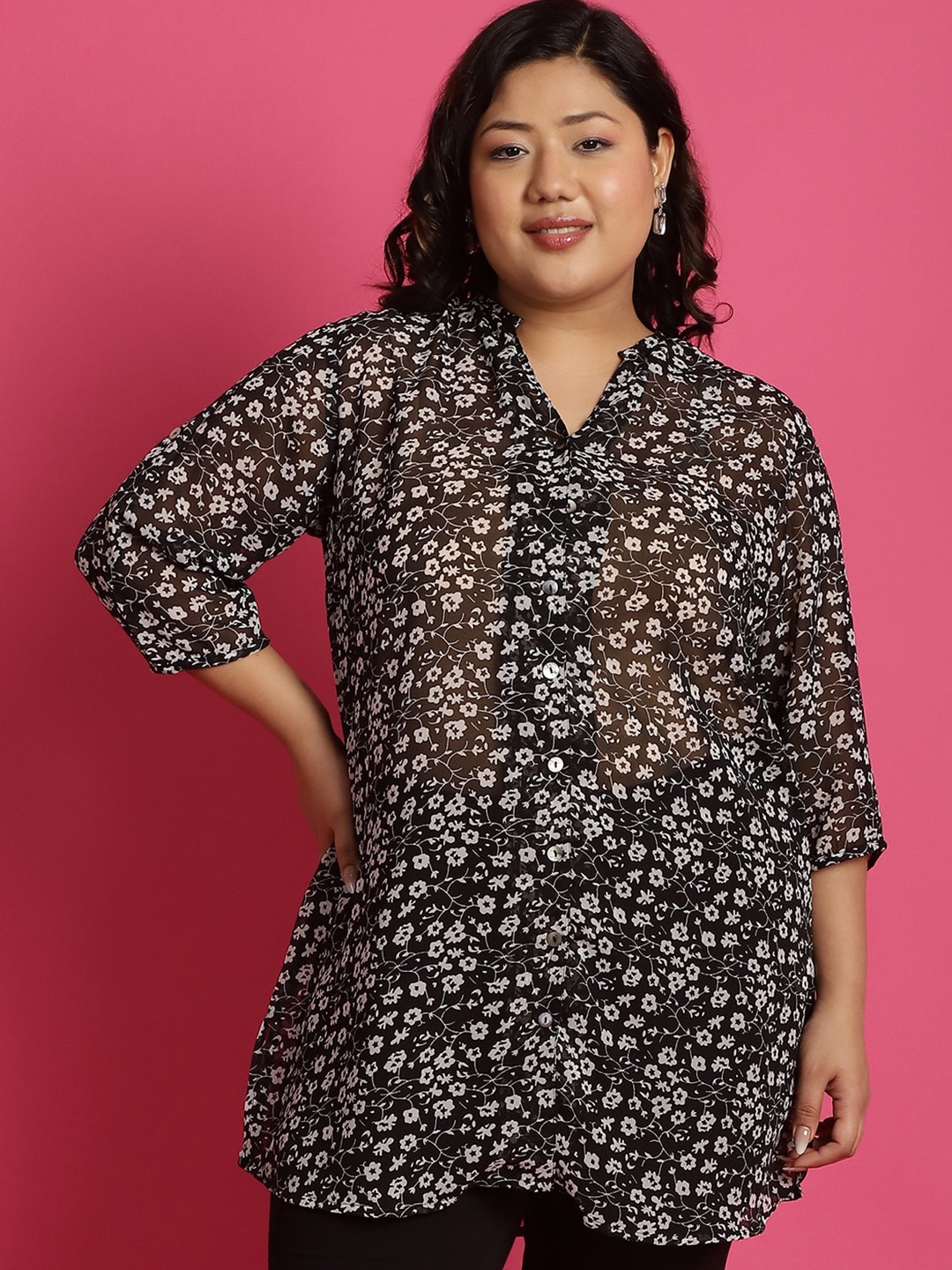 

theRebelinme Plus Size Floral Printed Casual Shirt, Black