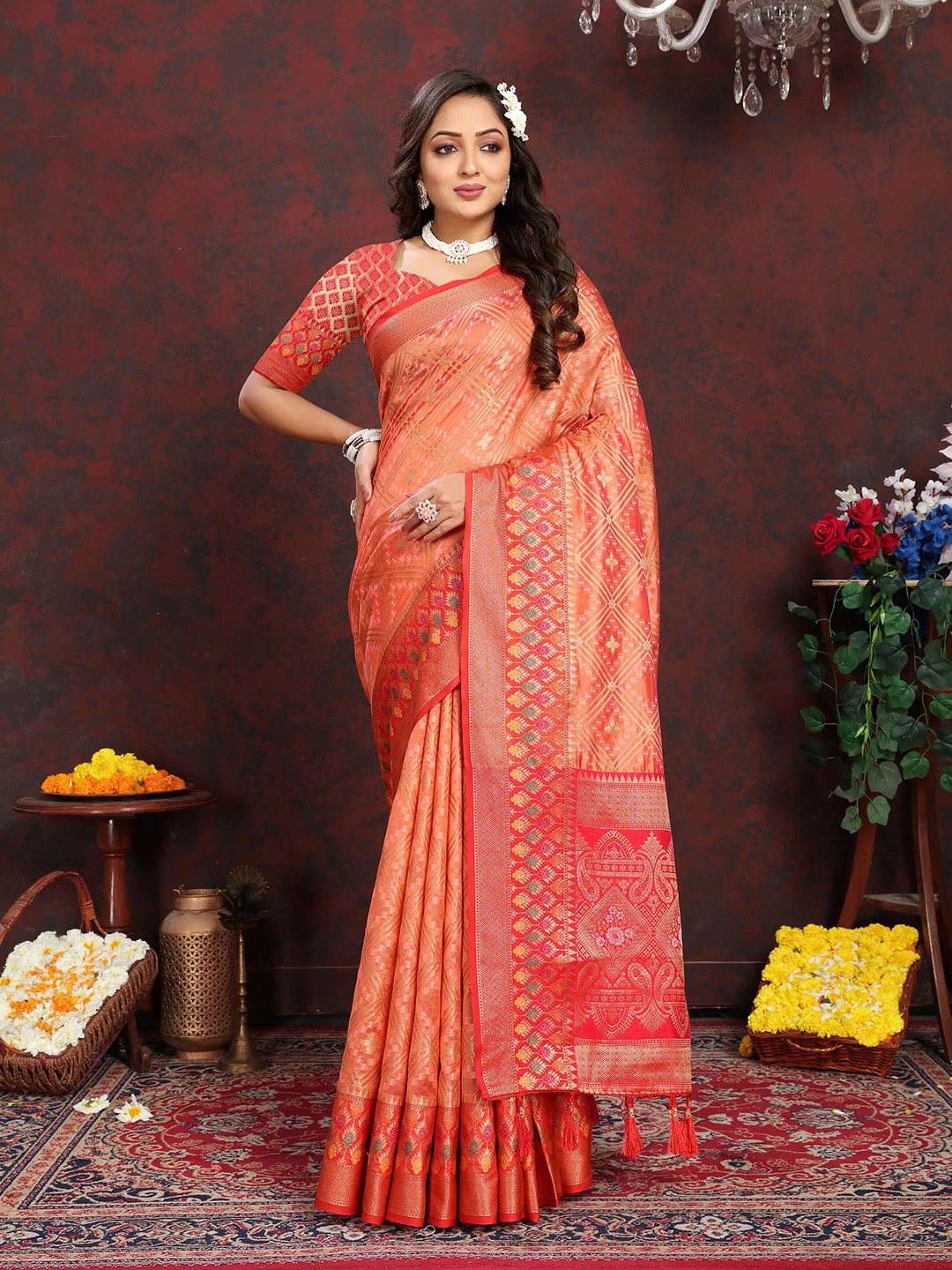 

PHEASANT Woven Design Zari Organza Patola Saree, Orange
