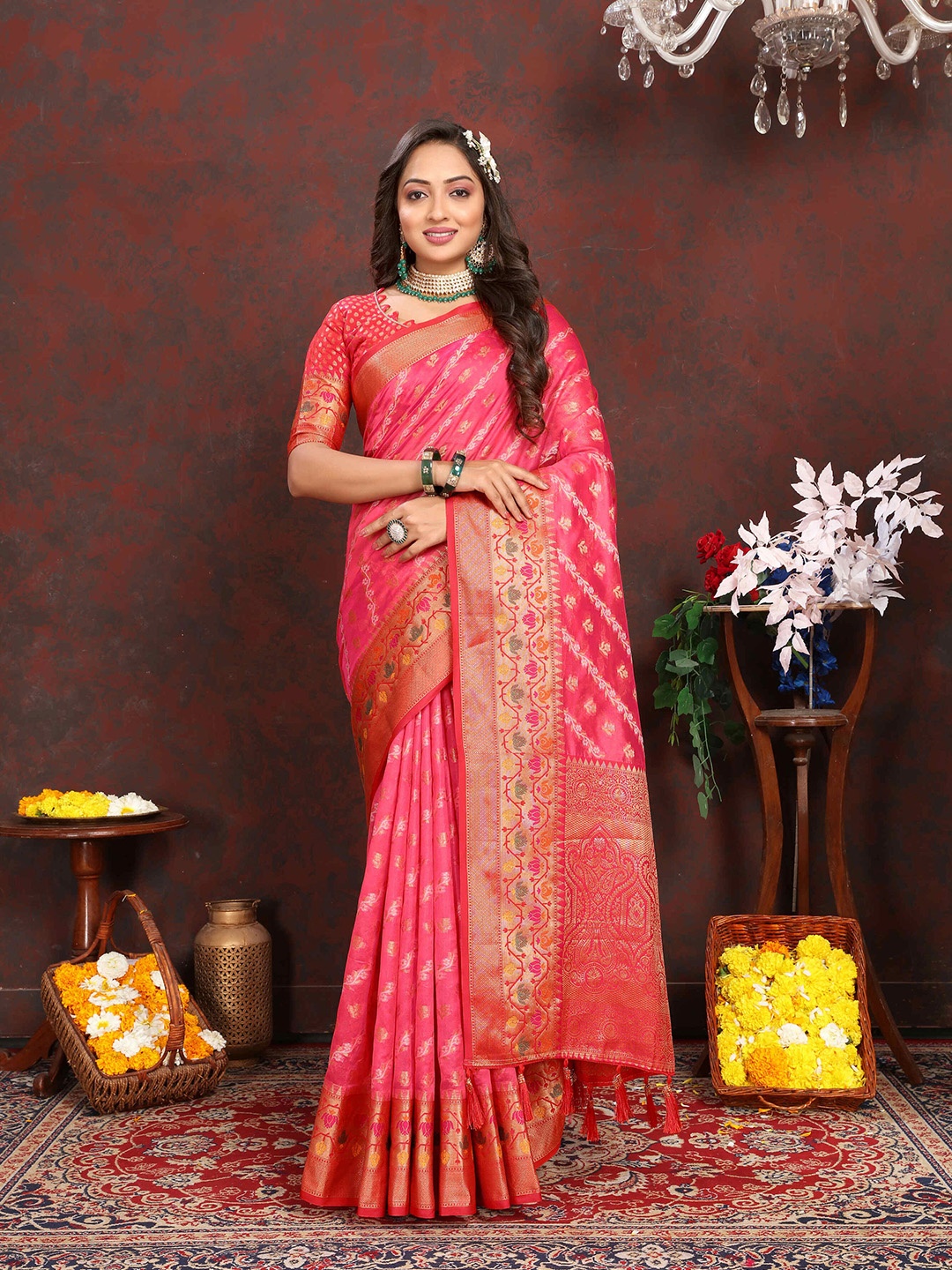 

PHEASANT Woven Design Zari Organza Saree, Pink