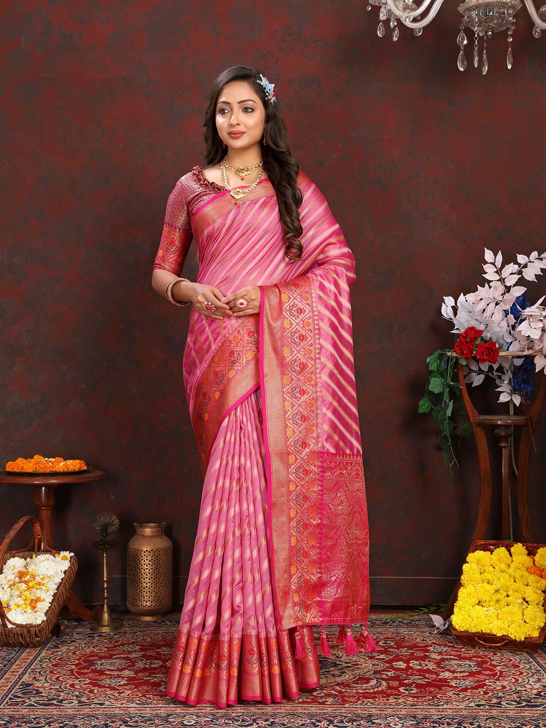 

PHEASANT Woven Design Zari Organza Leheriya Saree, Pink