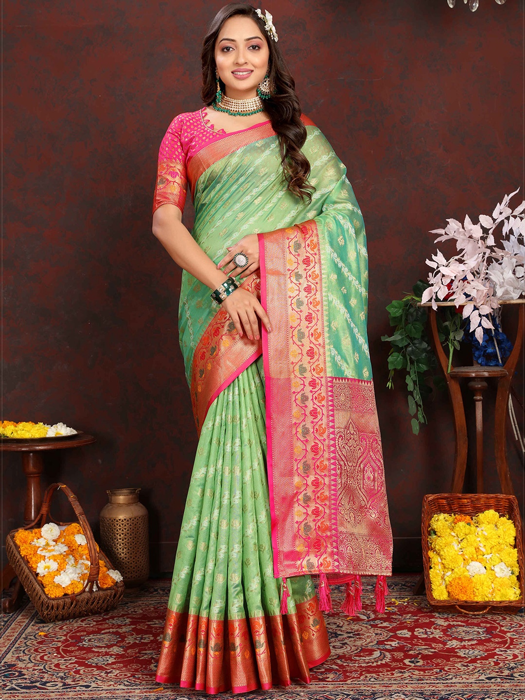 

PHEASANT Woven Design Zari Organza Leheriya Saree, Green